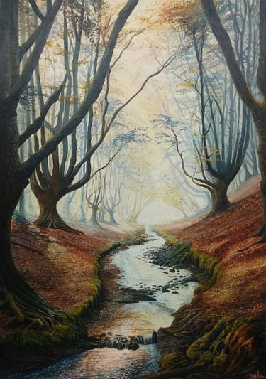 Autumn Glow, woodland fantasy painting by Sussex artist Darren Slater