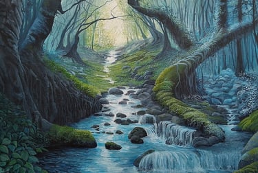 Confluence, woodland stream fantasy painting by Sussex artist Darren Slater