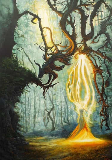 Dark Woods, woodland, fantasy painting by Sussex artist Darren Slater