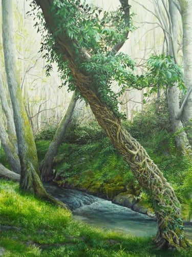 Di-vine, landscape, woodland stream painting by Sussex artist Darren Slater