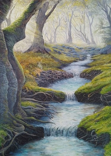 Rooty Falls, fantasy stream landscape painting by Sussex artist Darren Slater