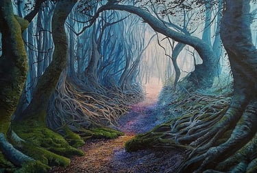 Rooty Wood, woodland fantasy painting by Sussex artist Darren Slater
