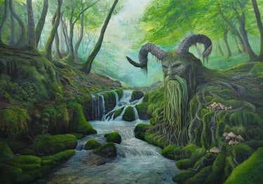 Stream Keeper, woodland stream waterfalls fantasy painting by Sussex artist Darren Slater