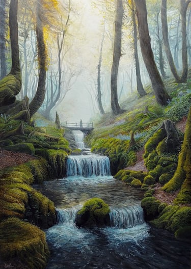 The Wishing Bridge, woodland stream waterfall fantasy painting by Sussex artist Darren Slater