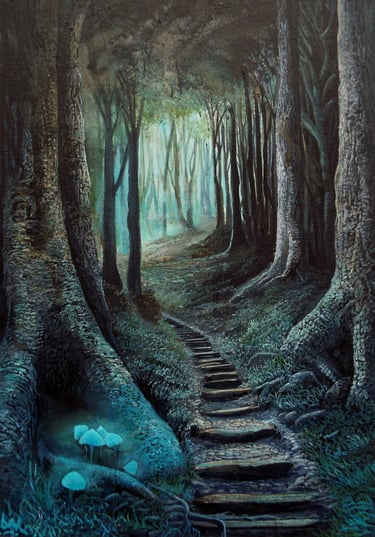 Twilight Steps, woodland fantasy painting by Sussex artist Darren Slater
