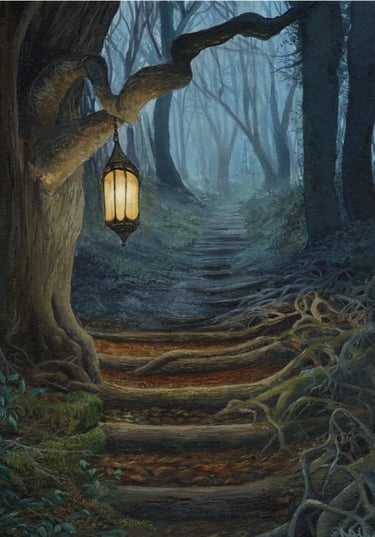 Twilight Steps Lantern, woodland fantasy painting by Sussex artist Darren Slater