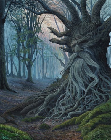 Wise Wood, English woodland fantasy painting by Sussex artist Darren Slater