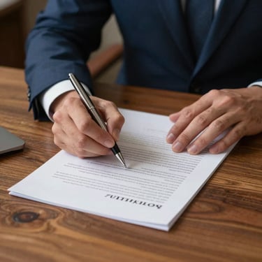 A close-up photograph of a professional signing a legal contract on a heavy oak desk, with a silver pen and a hint of a navy blue business suit.