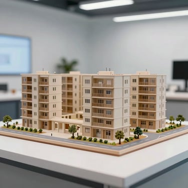An architectural model of a new British housing development displayed on a white table in a bright, professional studio setting with soft blue accents.
