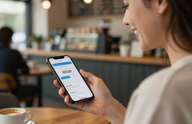 A smiling user in a cozy North American / US coffee shop environment, effortlessly navigating an app on their phone. The background is softly blurred, focusing on the approachable and friendly user experience.