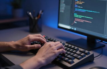 A close-up of a developer's hands typing code on a mechanical keyboard in a professional North American / US workspace. The screen displays clean code, and the room is accented with royal blue lighting.