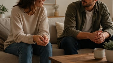 Deux personnes assises sur un canapé discutent calmement, avec une légère distance dans leur posture