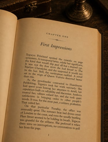 A fiction book open at chapter one showing some formatting