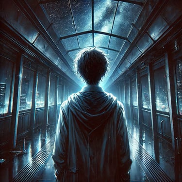 Anime boy standing in a Hallway with glass walls, above him a beautiful cosmic sky.