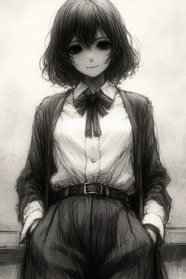 Monochrome art, anime girl gloomy portrait.