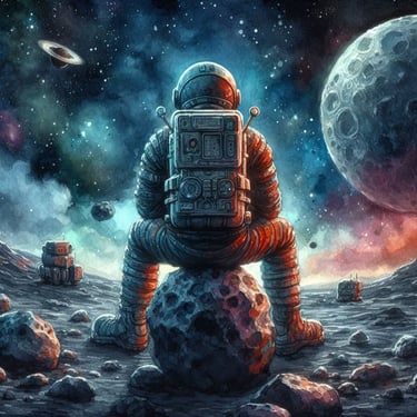 A lone astronaut seated on an asteroid in outer space, quietly contemplating the vast and beautiful cosmos.