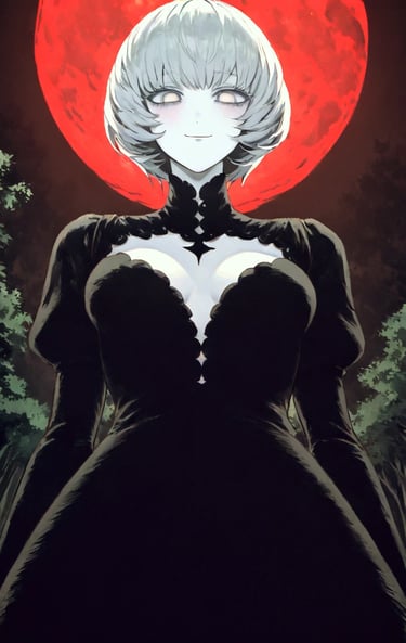 A beautiful anime woman with pale skin and white eyes stands beneath a blood-red moon, creating an eerie, gloomy atmosphere.