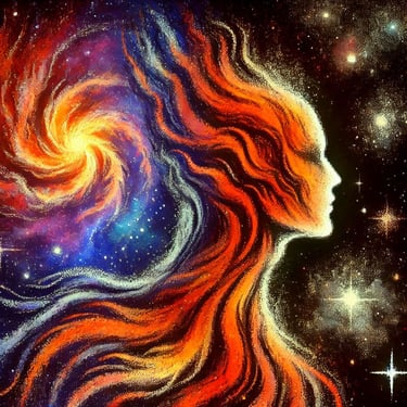 Celestial Flame: A cosmic portrait of a fire-like entity (being) surrounded by beautiful stars and spiral nebulae.