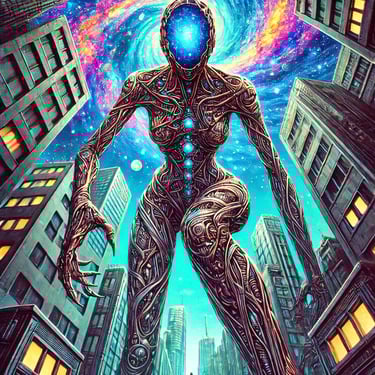 A beautiful celestial robot lady with a cosmic face stands beneath a vibrant galactic vortex swirling in the sky above her.