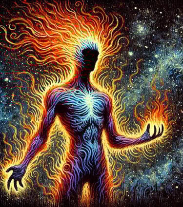 The Dark Flame: A cosmic portrait of a dark celestial being standing in outer space, with beautiful stars in the background.