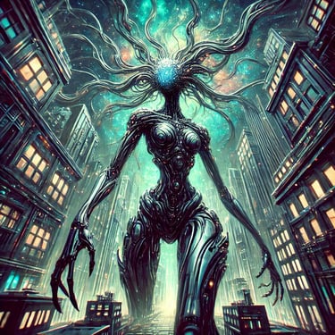 Giant robot lady, cosmic face, beautiful metallic body & wavy mechanical hair — walks in a warped city under glowing nebulae.
