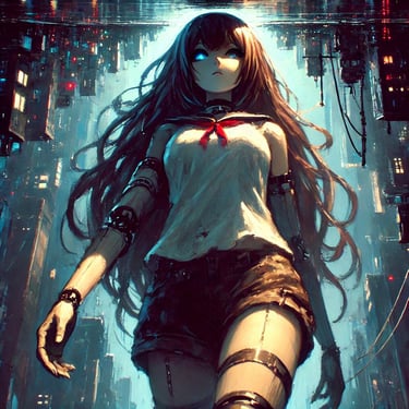 A huge, gorgeous anime cyborg walking through an upside down city.
