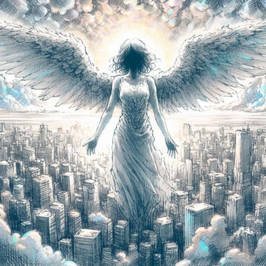 A beautiful dark angel, Aurora — a glowing giant with magnificent wings, a shadowed face, and a long white dress.