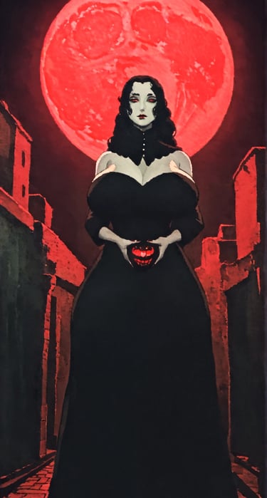 Anime woman, dark fantasy portrait: red moon.