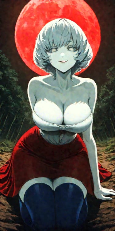 Kaguya: red moon | A gorgeous woman with pale skin in a dark, gloomy forest.
