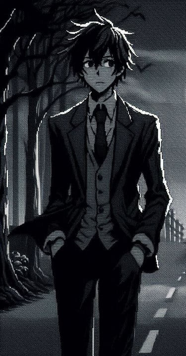 A boy walking along a dark, gloomy road. (Anime art style.)