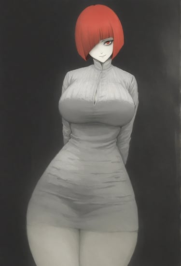 Dark portrait of Kurenai, a red-haired woman with red eyes and a subtle, menacing smile.
