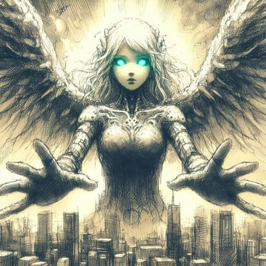 A beautiful giant angel, Midori, with green glowing eyes and magnificent wings.