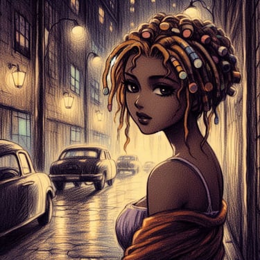 An anime-style portrait of Oluma, an African woman, posing for a photo in a dimly lit nighttime alley.