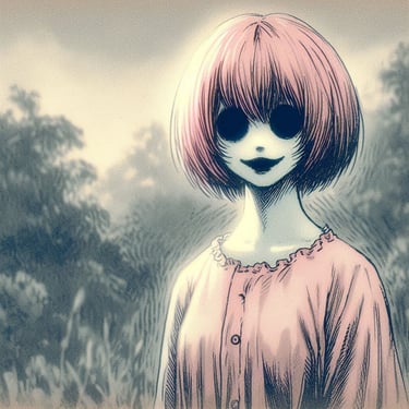 A dark fantasy anime-style portrait of Yomiwa. A woman a dark, empty gaze and pink hair.