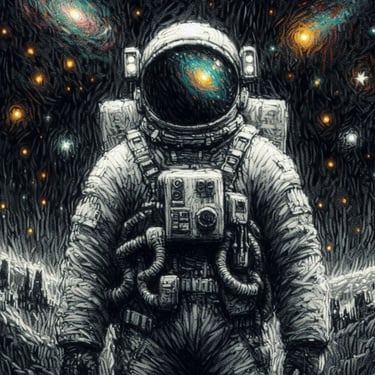 Cool astronaut portrait, cosmic background.