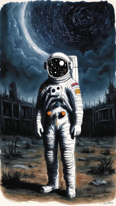 An astronaut with a cosmic visor stands in a desolate, dystopian world beneath a swirling vortex sky