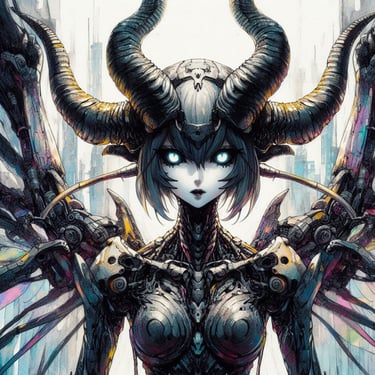 Tsuno-Y4 | A cyborg lady with 4 horns on her head.