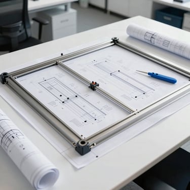 Professional engineering blueprints for a large-scale door system laid out on a clean white table, Steel Blue drafting tools, bright and modern office setting.