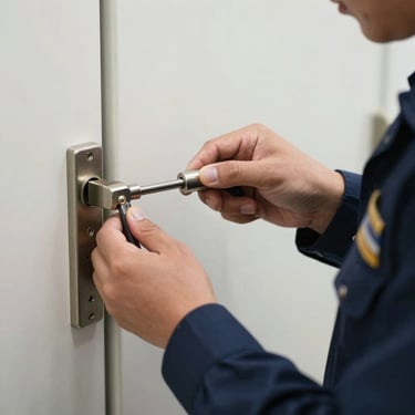 Close-up of a professional in a Navy Blue uniform fine-tuning a metallic door lock mechanism with a specialized tool, clean and bright environment.