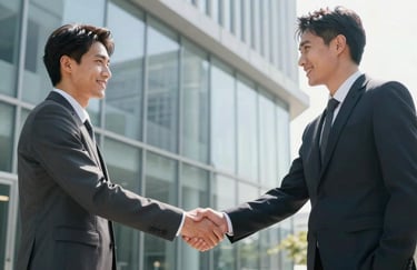 Two business partners shaking hands in front of a glass wall in a bright, modern corporate building, Global Business / Corporate.