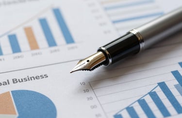 A close-up of a fountain pen resting on a detailed statistical report with graphs and charts, Global Business / Corporate.