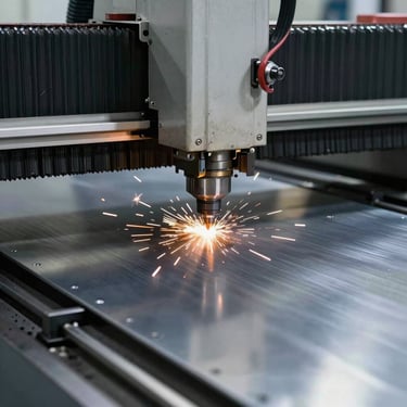 Detailed shot of a CNC machine laser cutting a high-grade steel sheet, sparks flying, high precision manufacturing in a North American / Industrial facility.