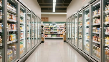 A healthy professional holding a can of energy drink while walking through a sunny North American / US city plaza. The scene is styled in crisp off-white and muted teal tones.