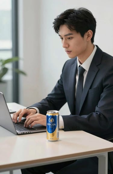 A young professional working at a minimalist desk in a North American / US corporate office, a sophisticated energy drink can placed next to their laptop. Clean, energetic vibe.