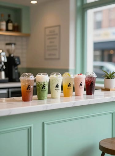 A chic cafe counter in a North American / US city, showcasing an elegant display of energy drinks. The environment is clean and modern, accented with soft seafoam green details.