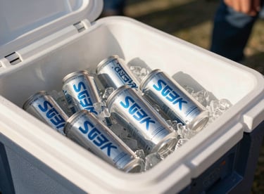 Sleek energy drink cans resting on ice inside a crisp off-white premium cooler at an outdoor event in a North American / US coastal area. The lighting is sunny and invigorating.