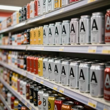 A premium health food store aisle in a North American / US setting, displaying sleek energy drink cans neatly arranged on the shelf. The aesthetic is clean, sophisticated, and modern.