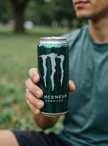 A close-up of condensation on a premium energy drink can, held by an athlete resting outdoors in a vibrant North American / US park. Features a muted teal and dark pine green color palette.