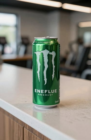 A chilled sleek can of a premium energy drink resting on a modern reception desk in a North American / US fitness center. Lighting is crisp and bright, highlighting accents of dark pine green and soft seafoam green.