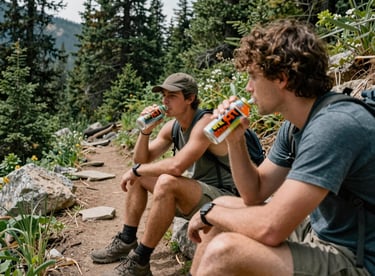 Two friends hiking a scenic North American / US mountain trail, taking a refreshing break with their premium energy drinks. Bright, natural lighting with dark pine green forestry.